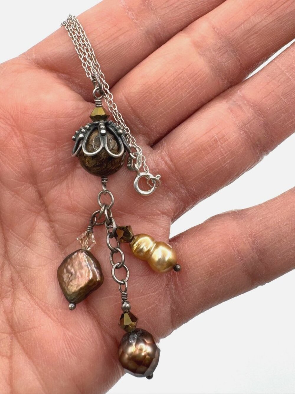 Stone and Fresh Water Pearl Cluster Sterling Silver Necklace